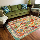 Flat Weave Kilim Antique Navaho Vintage handmade Geometric Kilim Beige Rust Hand-Woven Rectangle 100% Wool Area Rug 5x7